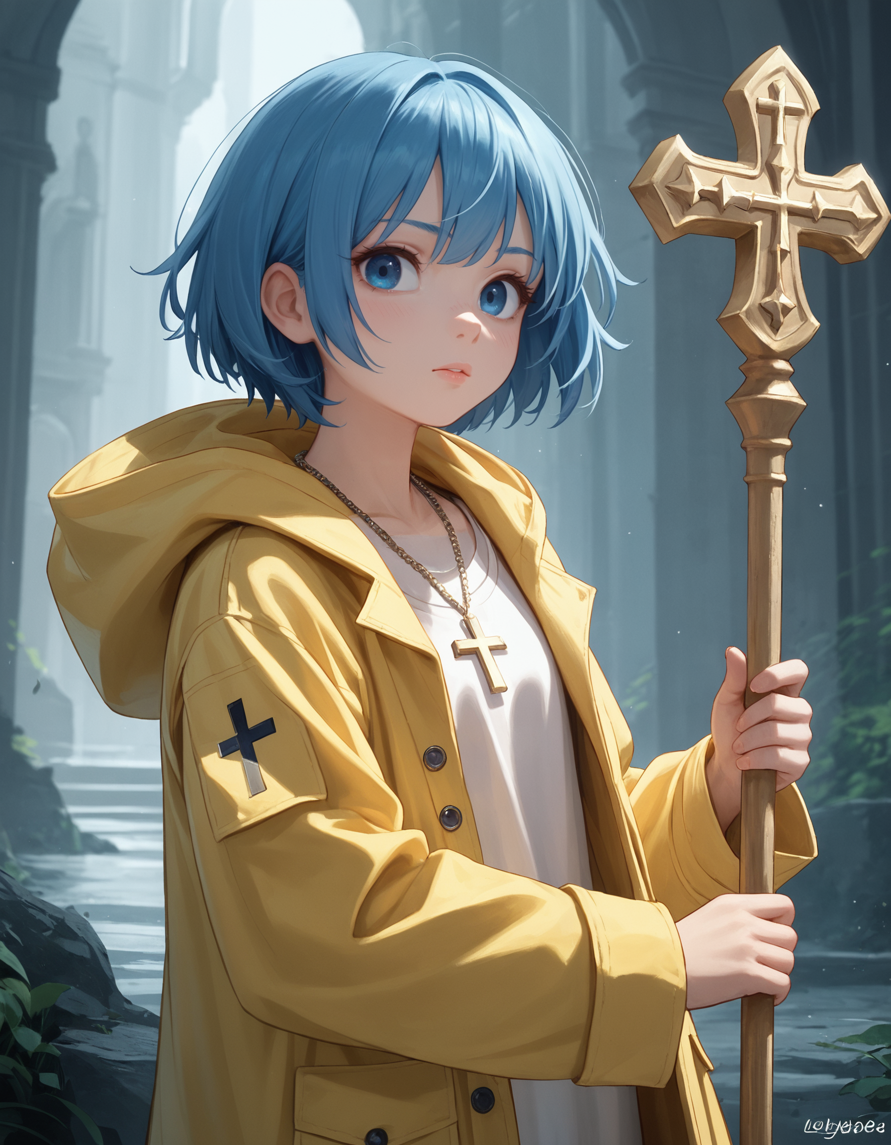 00086-[number]-1107483344-_lora_Luce_Pony-10_0.8_ luc3, 1girl, blue hair, short hair, blue eyes, cross necklace, yellow raincoat, holding staff, score_9,.png
